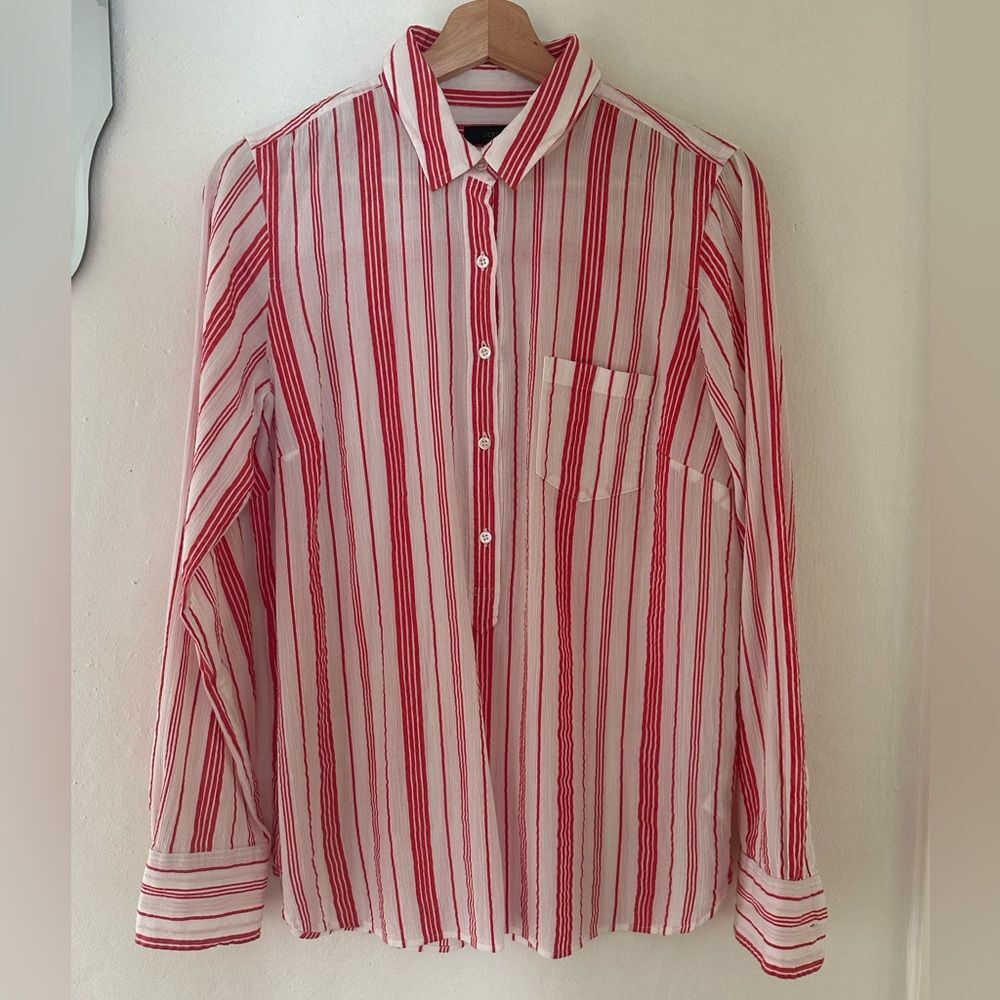 ❤️🤍 J Crew Popover 3/4 Button Shirt Women 6 Striped Cotton Gauze  🤍❤️